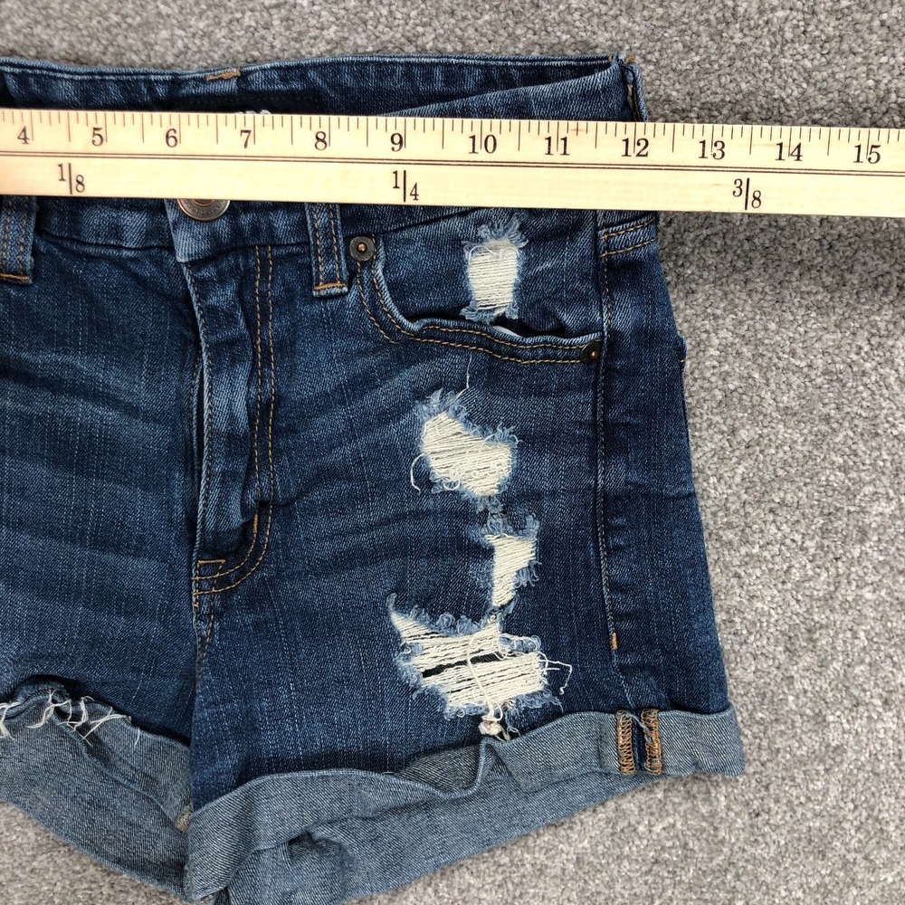 Aero Shorts Women 2 Midi High Rise Curvy Blue Jean Dark Faded Out Ripped Holes - Picture 6 of 8